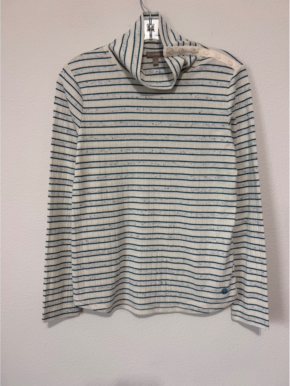 T by Talbots White/Teal Blue Striped Long Sleeve Cowl Neck Shirt Women's Size M